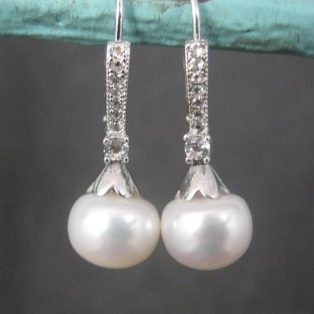 Sterling Silver Cultured Pearl Topaz Lever Back Earrings Macys NOS